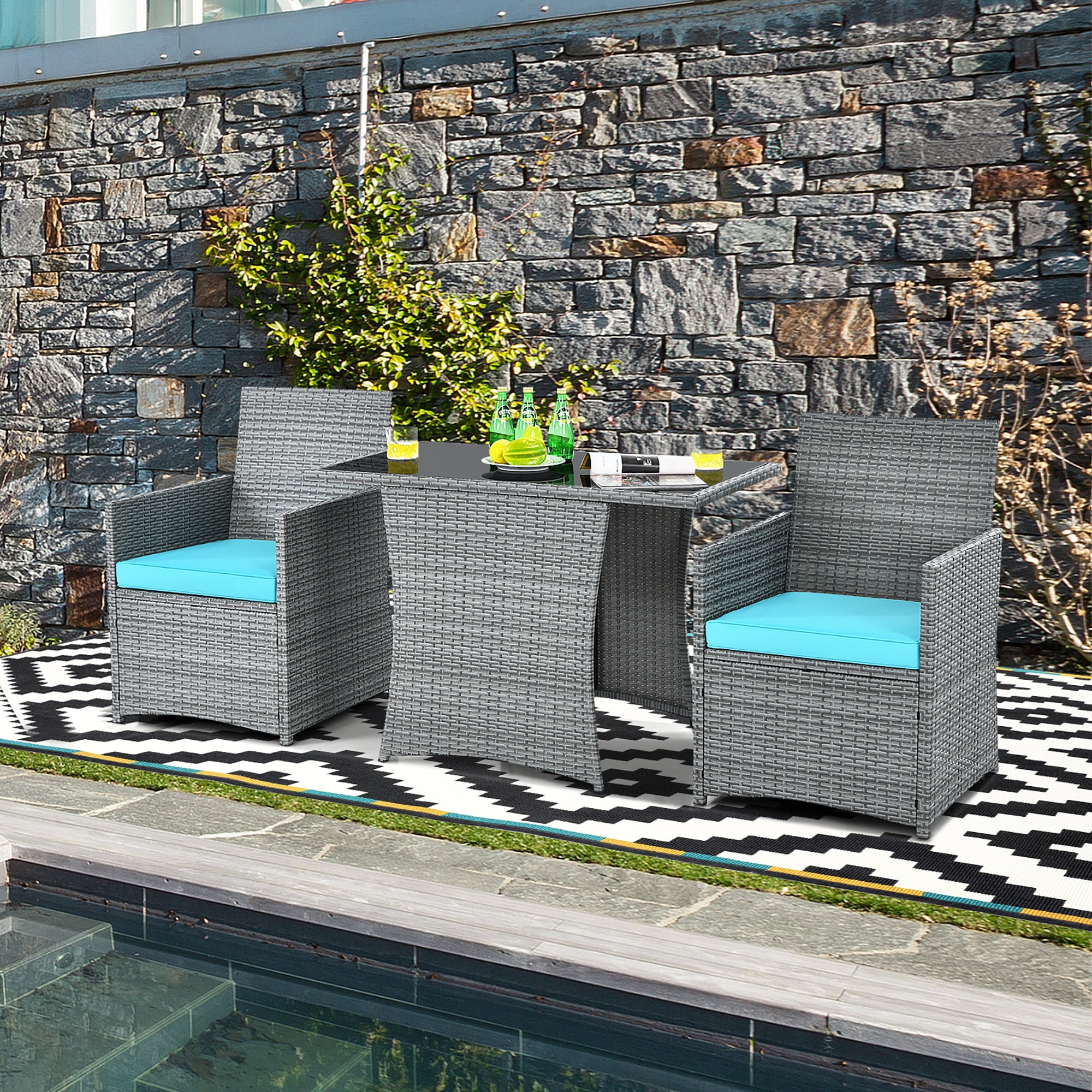 Costway 3PCS Patio Rattan Furniture Set Cushioned Sofa Armrest  Turquoise
