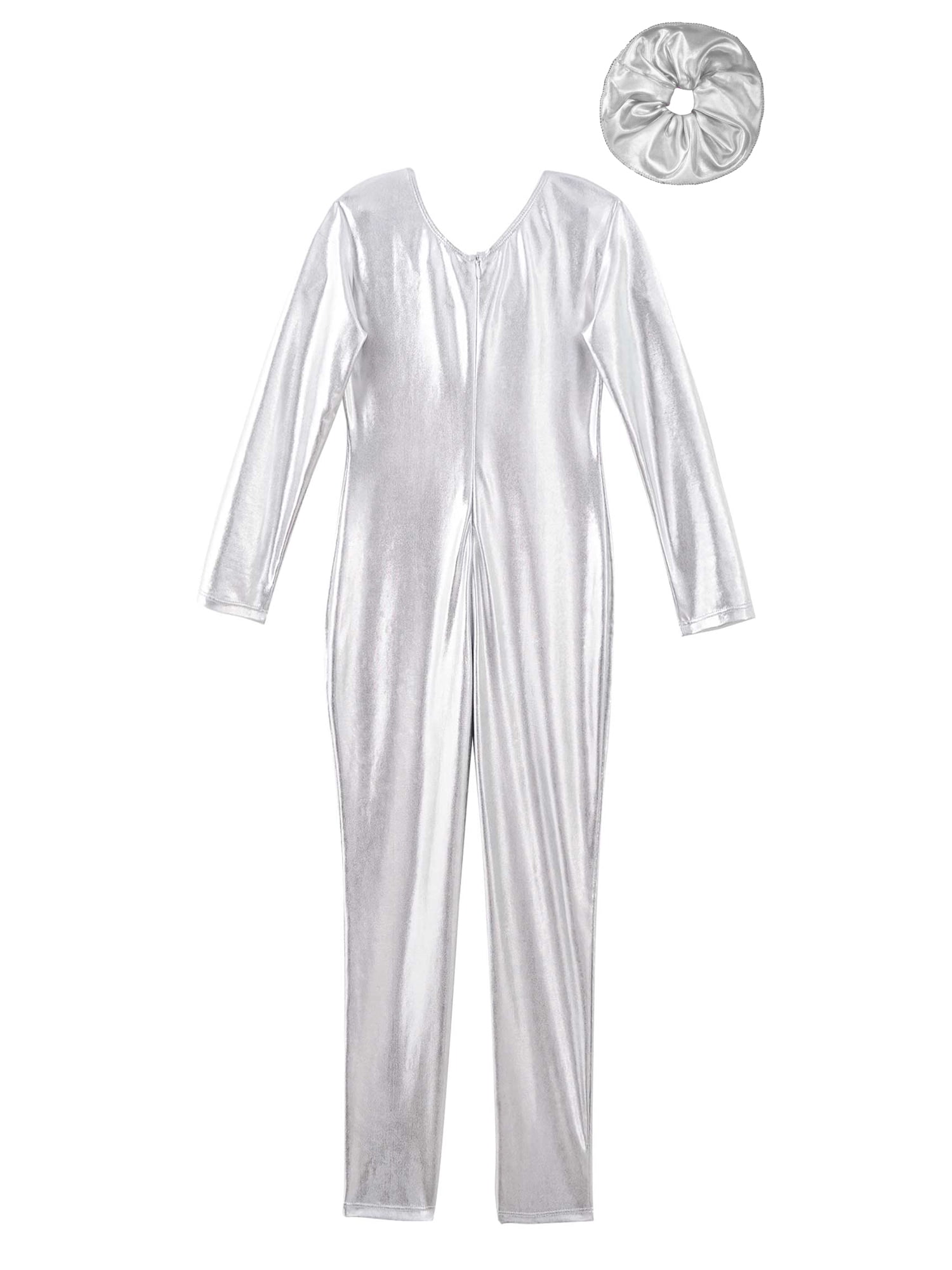 Doomiva Kids Girls Shiny Metallic Long Sleeve Full Body Bodysuit One Piece Jumpsuit with Hair Band Set A Silver 4