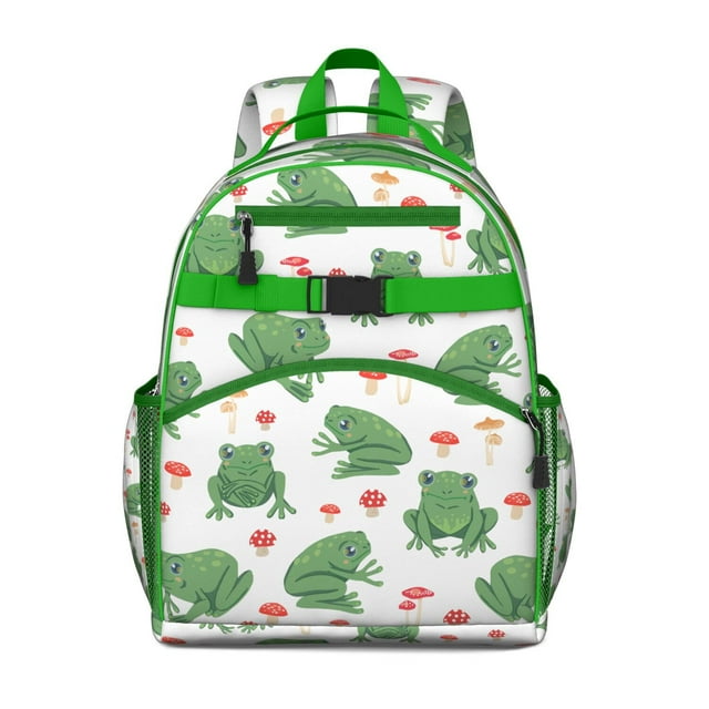 Forest Green Frog Students Backpack with Cute Cartoon Frog Print, Mushroom and Plant Pattern, and Nature-Inspired Design