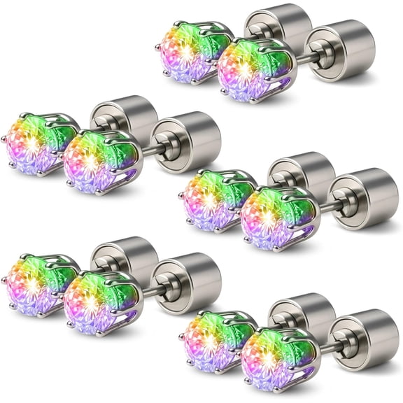 REQO 5 Pairs LED Earrings, Color Changing Light Up Earring Diamond Crown Studs, Wedding Rave Dance Party Flashing Blinking Colorful Glowing Halloween Christmas Decoration Present for Men Women