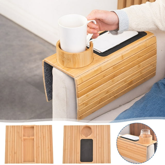 Mesa de bandeja de brazo de sofá con portavasos | Organizador de reposabrazos de sofá ajustable universal para bebidas, controles remotos, bocadillos | Antideslizante, robusto, fácil de instalar