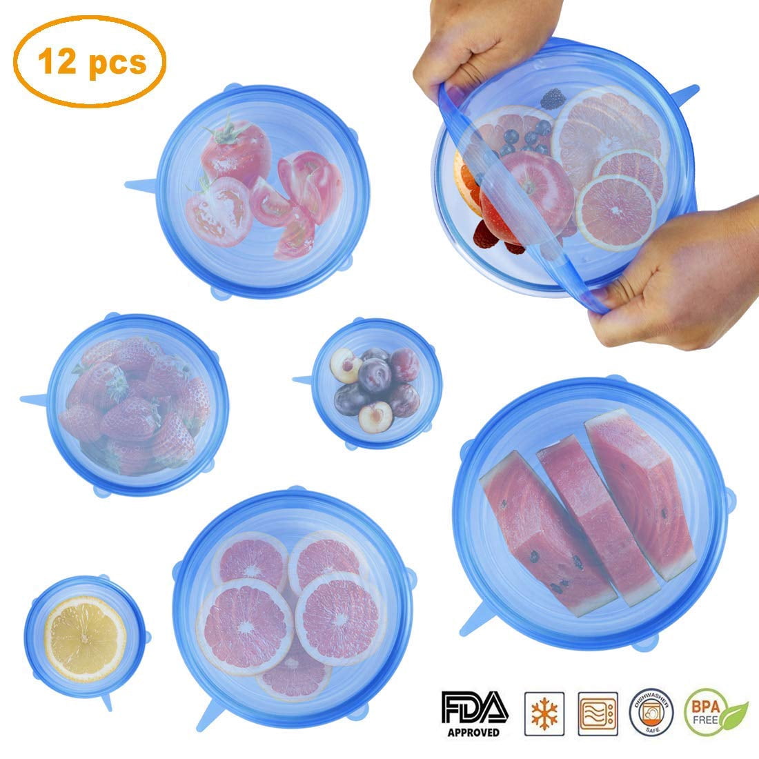 12 Pcs Silicone Stretch Lids, Reusable Durable and Expandable Lids, Keeping Food Fresh, Durable and Stretchable to Fit Various Sizes and Shapes of Containers, Microwave and Dishwasher Safe 6 Sizes