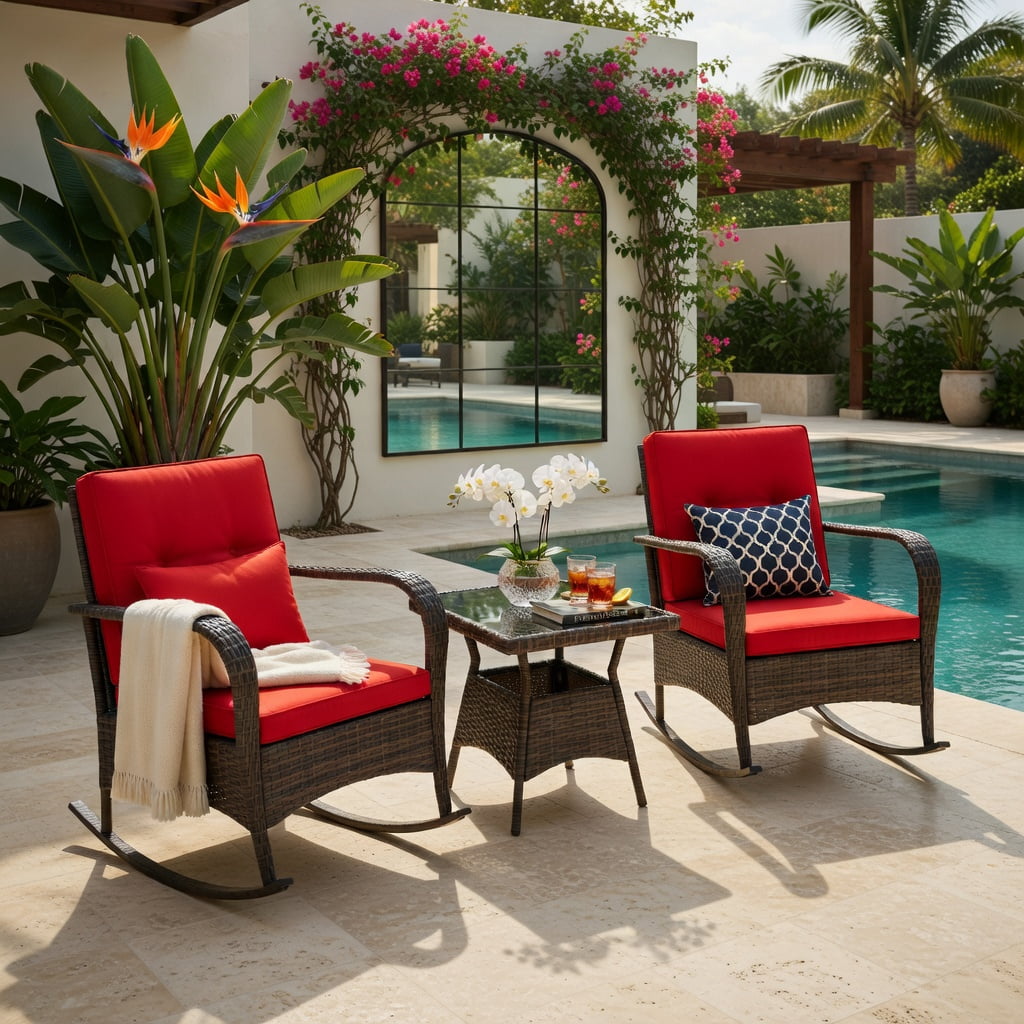 Hommoo 3-Piece Outdoor Rocking Chair Set with Tempered Glass Coffee Table, PE Rattan & Metal Frame for Backyard, Patio, Poolside, Red