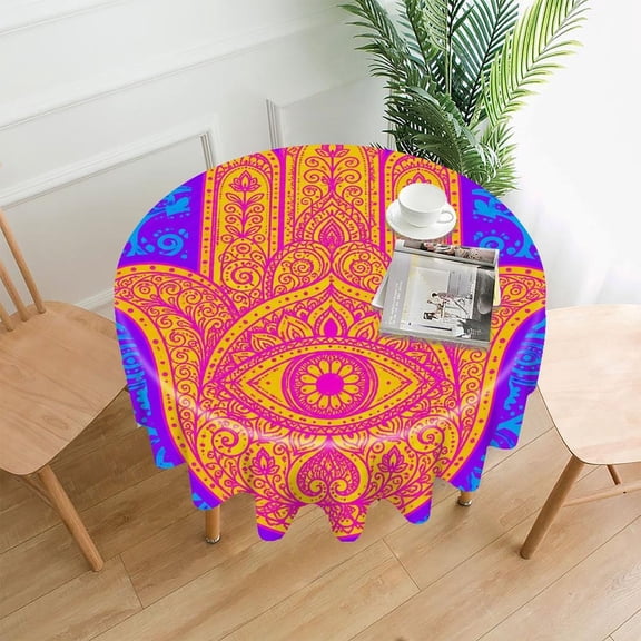 RKSupls 60 Inch Round Tablecloth, Neon Hamsa Hand Premium Polyester Straight Edge Wrinkle Resistant Washable Table Cover for Party Home Dining Decor