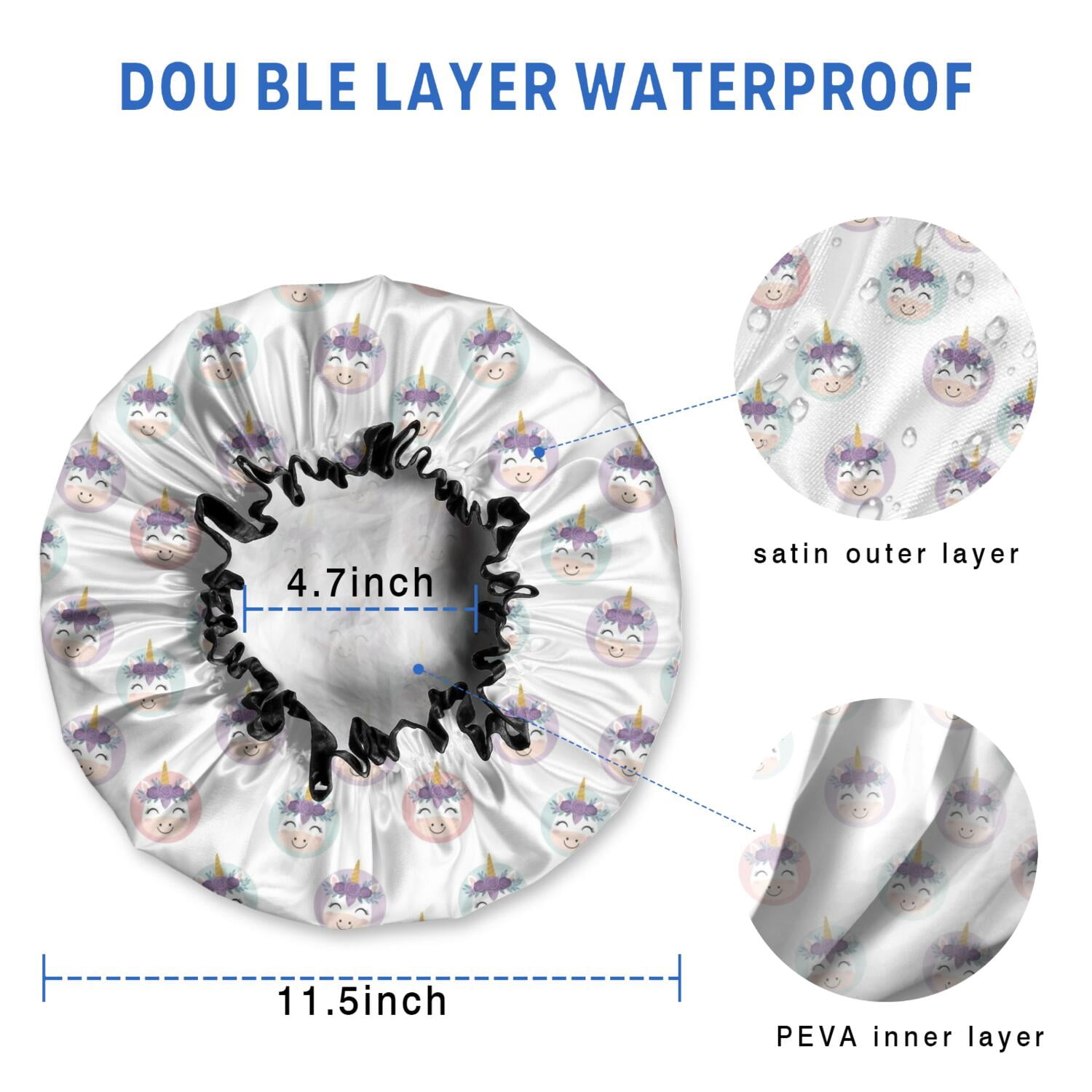 Shower Caps,White Cartoon Unicorn Face Pattern Waterproof Shower Cap for Women 4 Pieces,Double Reusable Hair Cover for Shower PEVA Elastic Stretch Hem