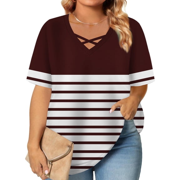 CLOISE Short Sleeve Tops for Women Casual Plus Size Shirts Tunic V Neck Pullover Color Block Summer Blouses Brown