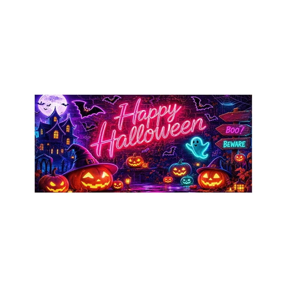 Neon Halloween Decorations Spooky Halloween Decor 157 Inch Happy Halloween Sign Garage Door Banner Halloween Party Decor for Indoor and Outdoor Home Use, 1 Pack