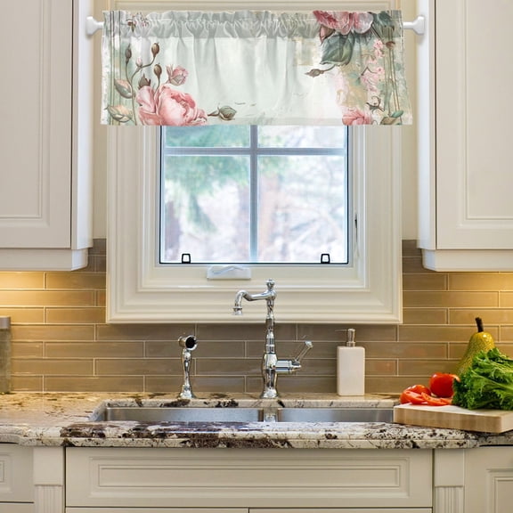 Flowers Floral Frame Curtain Valances Farmhouse Design Window Treatment Decor Blackout Rod Pocket for Windows Living Room Kitchen 54" x 18"