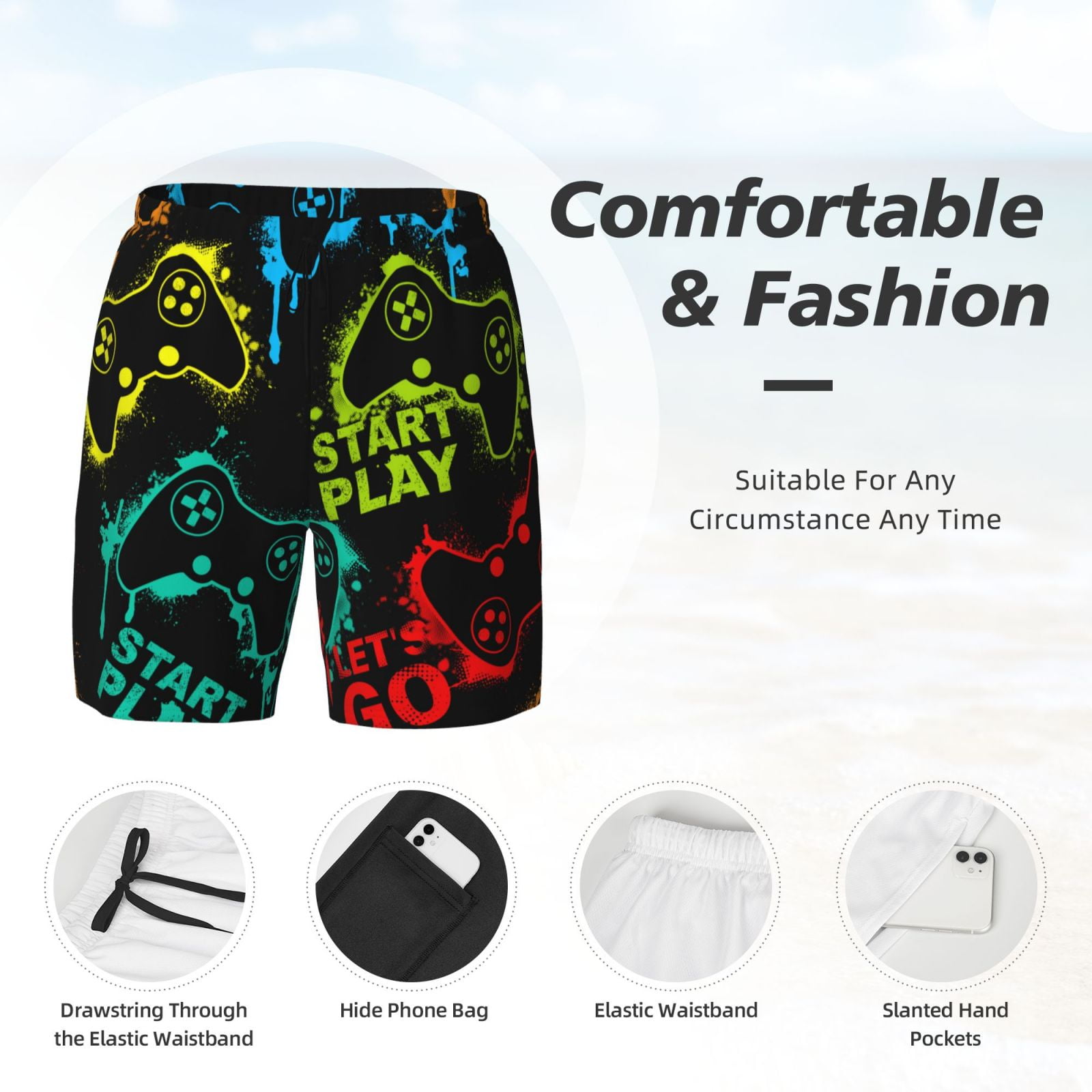 Xecao Play Game Start for Men's Swimming Trunks Swim Trunks Quick Dry Swim Shorts with Mesh Lining Funny Swimwear Bathing Suits
