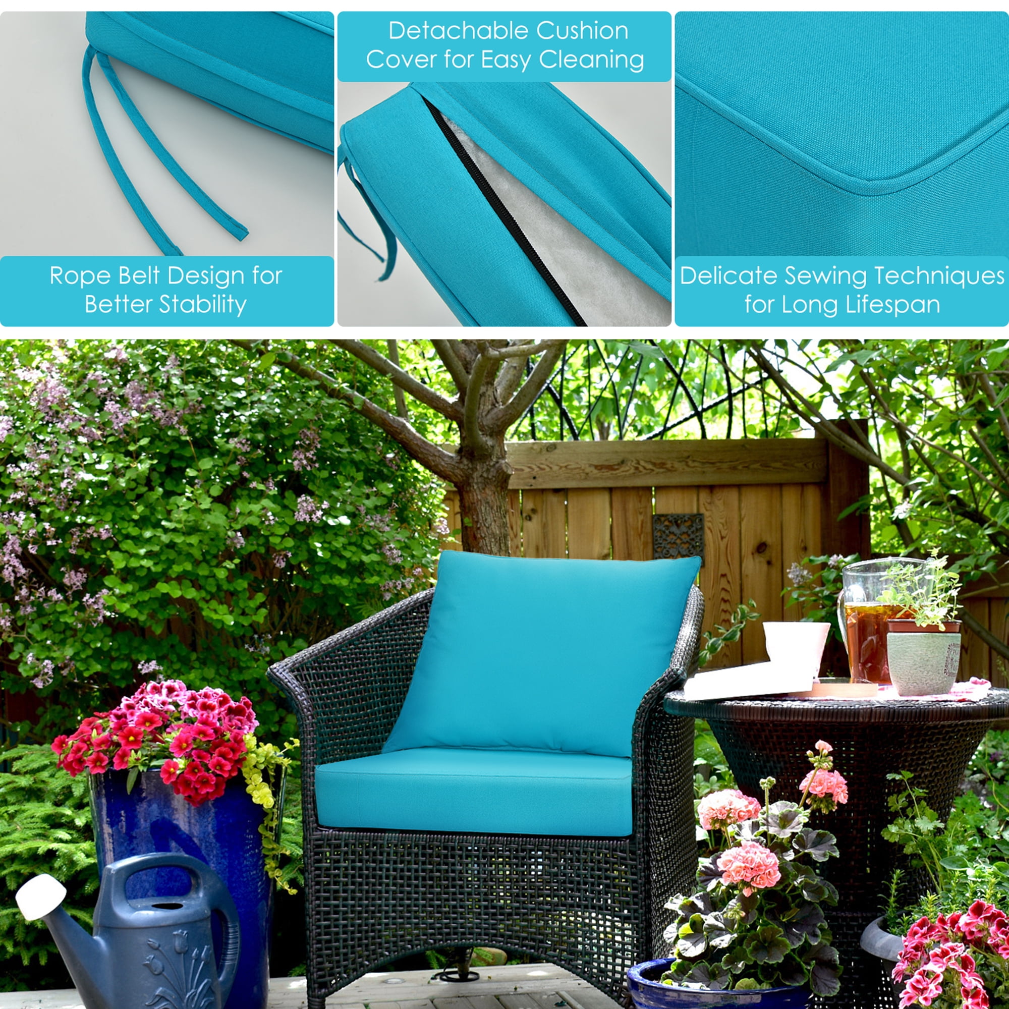 Gymax 2PCS Deep Seat Chair Cushion Pads Set Indoor Outdoor W/ Rope Belts Turquoise