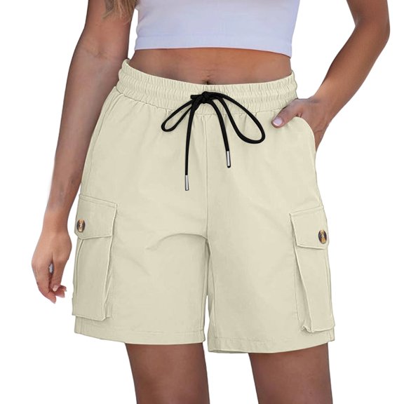 Costeam Womens Cargo Bermuda Shorts Lightweight Casual Summer Dual Button Flap Cargo Pockets Drawstring Elastic High Waist Loose Relaxed Mid Knee Walking Lounge Short Pants