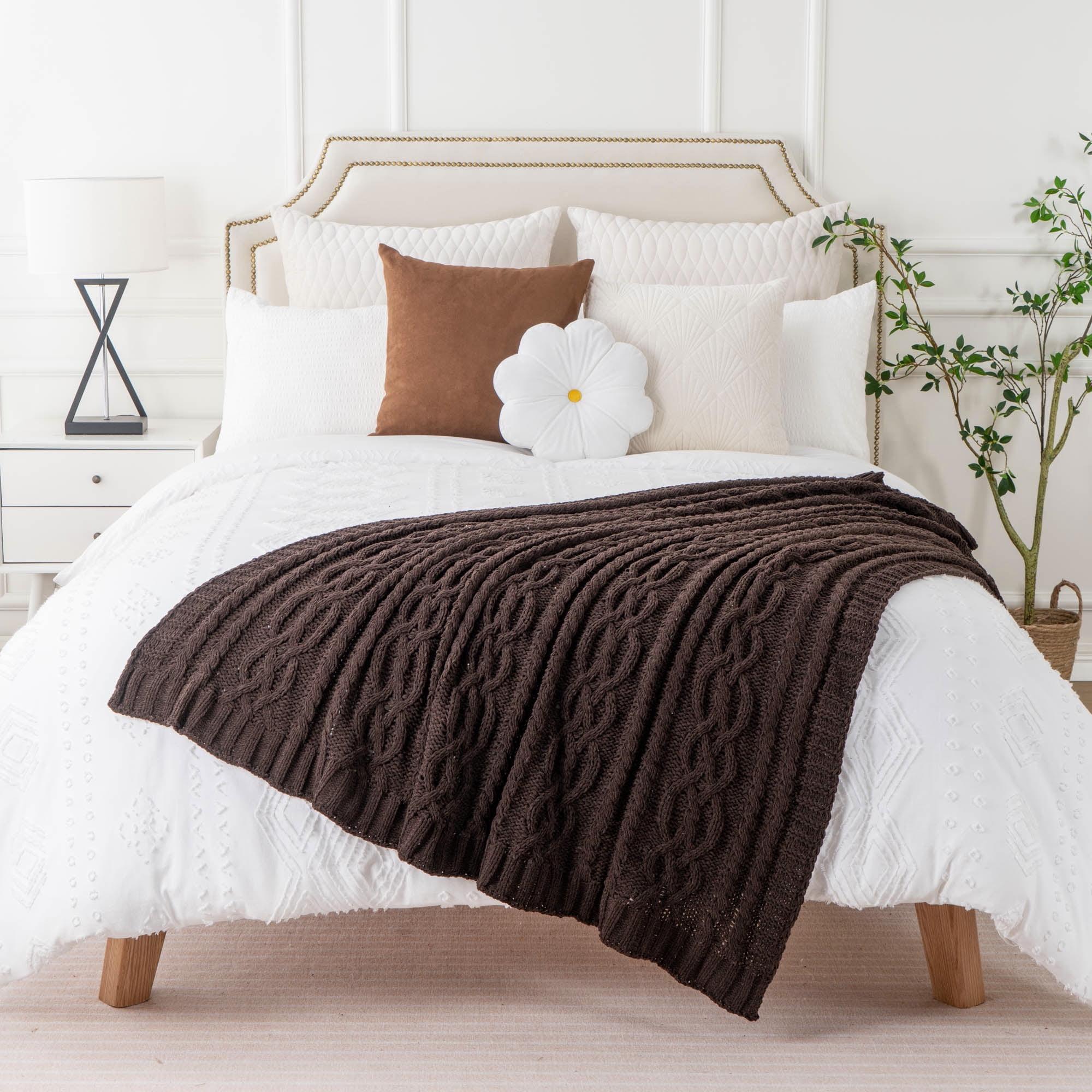 Battilo Chocolate Brown Chenille Throw Blanket, Soft Woven Knit Decorative Blanket for Couch Bed,51"x67"
