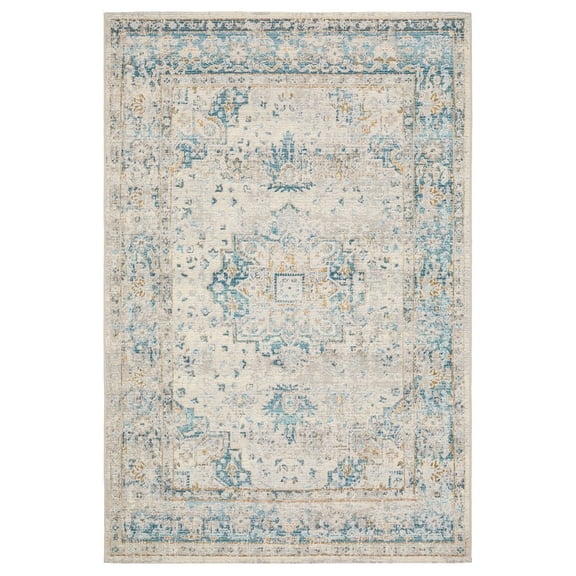 Oriental Weavers Naples Indoor/Outdoor Rug - 1221X - 9'10" x 12'10" - in Gray/ Teal - Vintage Inspired, Water, Stain and Fade Resistant, Hose Clean, Patio, Outdoor Living Area Rug