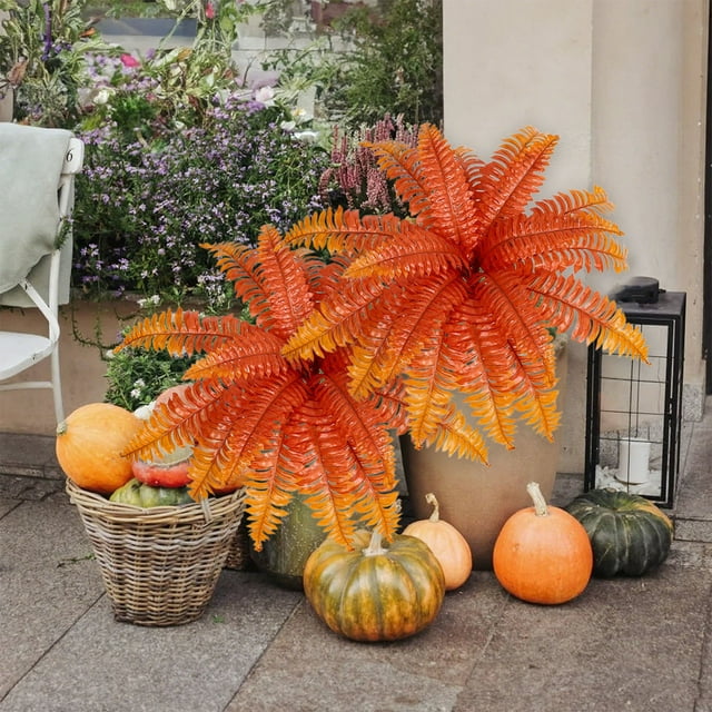 Artificial Grass Persian Fern Wall Decor 60cm | Realistic Faux Plant Hanging | Plastic Iron Fabric | Red Coffee Yellow | Lifelike Fall Arrangement for Home, Wedding, Party, Outdoor, Reusable, No