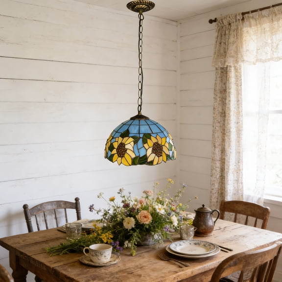 AFANQI 12-inch traditional sunflower glass chandelier, suitable for lighting in dining rooms, bedrooms, and living rooms.