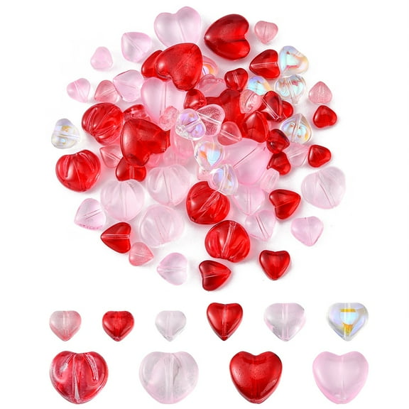 80pcs 13 style Transparent Spray Painted Glass Beads Heart for Valentine's Day Pink 6~12x6~12x4~6.5mm Hole: 0.9~1mm