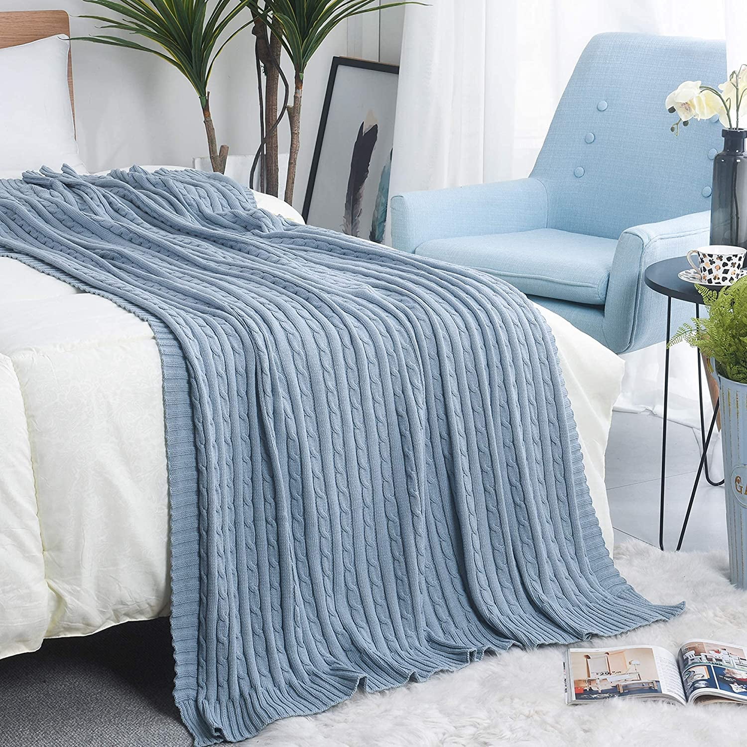 Cable Cotton Knit Throw Blanket Bed Blanket for Couch 51in x 70in Home Decor Throw Blanket Knitted Throw for Sofa Bed Chairs