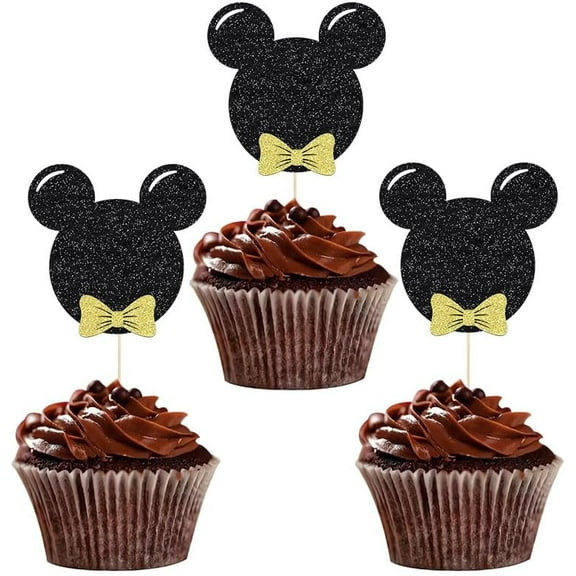 12pcs Black and Gold Mouse Inspired Cupcake Toppers with Bow Glitter Mini Cake Picks Decorations for Baby Shower Wedding Kids Birthday Party Supplies