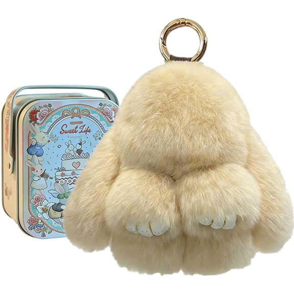 Esterze Fluffy Bunny Keychain Soft Plush Rabbit Keychain with Tin Box, Cute Stuffed Animal Bunny Backpack Bag Charm