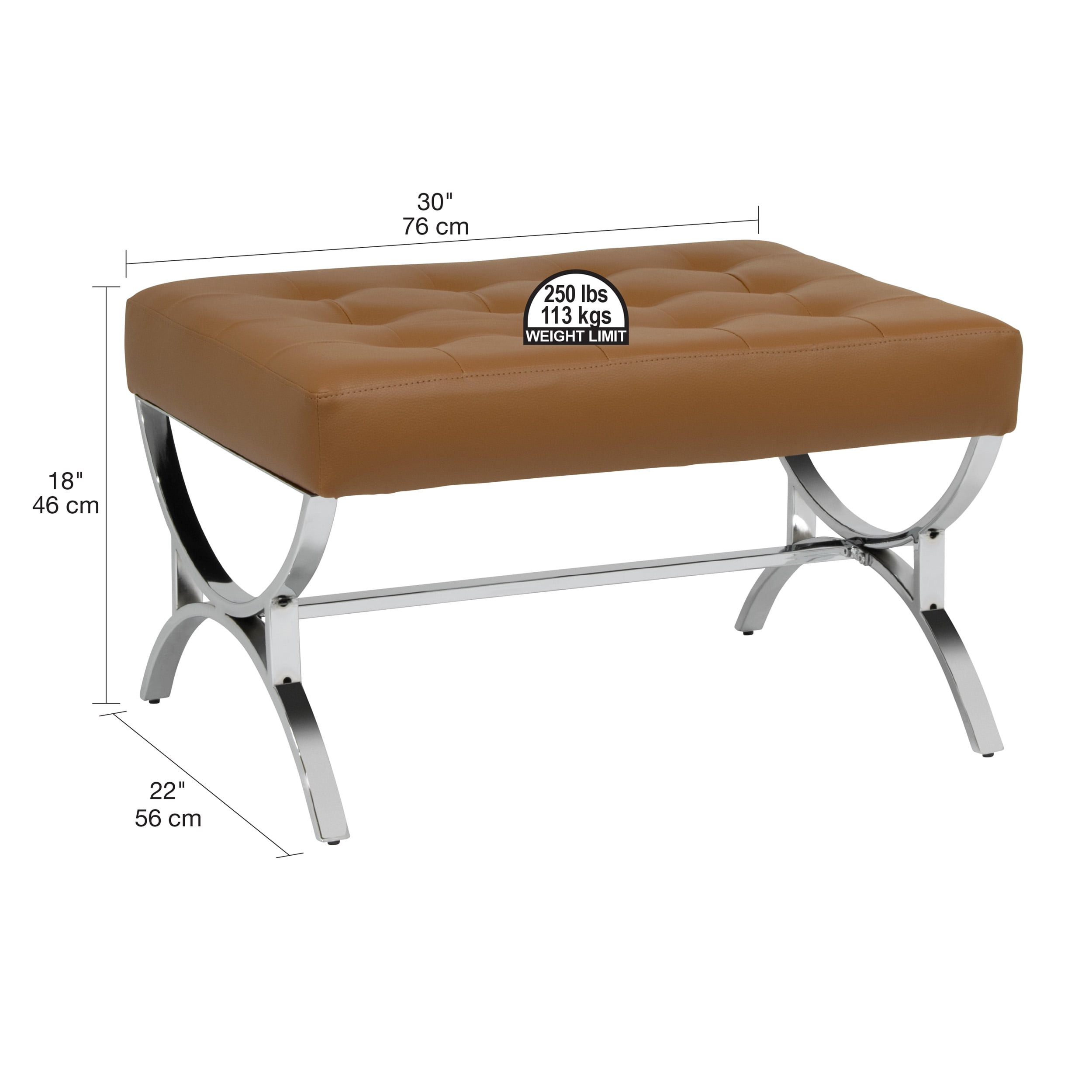 Studio Designs Home Newel Modern Square Ottoman Blended Leather and Chrome Metal Frame in Chrome and Caramel