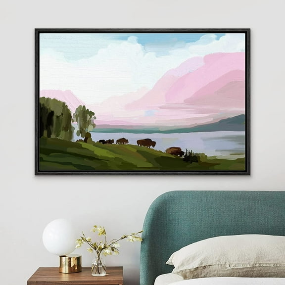 PixonSign Framed Canvas Print Wall Art Pastel Vibrant Brush Stroke Forest Lake Nature Wilderness Illustrations Modern Art Decorative Minimal Rustic for Living Room, Bedroom, Office - 16"x24" Black