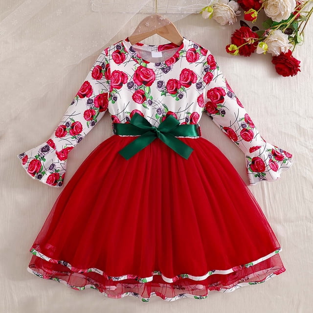 Vestido de manga larga con cuello redondo para niña, estampado de moda, manga larga, lazo, malla, con cinturón