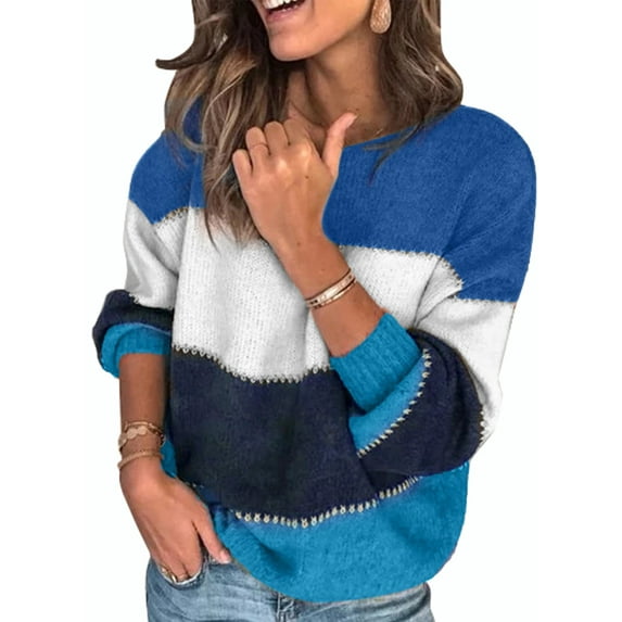 Asyoly Women Color Block Striped Sweater Long Sleeve Crewneck Knit Pullover Winter Casual Loose Jumper Soft Warm Tops