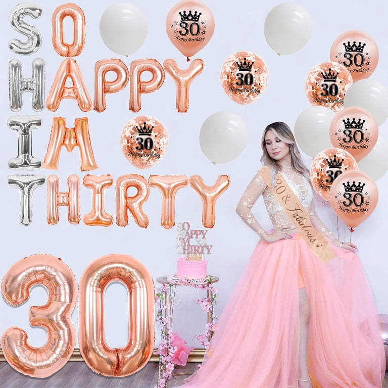Rose Gold 30th Birthday Party Decorations Kit For Women - Balloons, Banner, Sash & Cake Topper