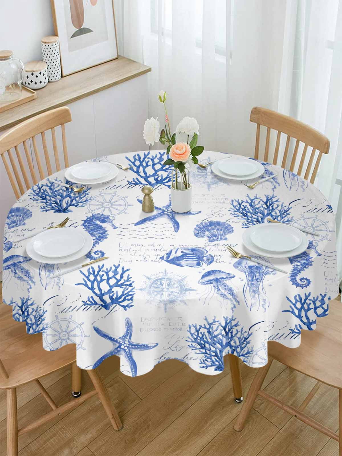 Round Tablecloth Watercolor Coastal Waterproof Oil Proof Polyester Table Cloth Cover Decor for Home Dining Outdoor,Patio,Parties, 60" Dia. Seahorse Starfish Pattern Blue