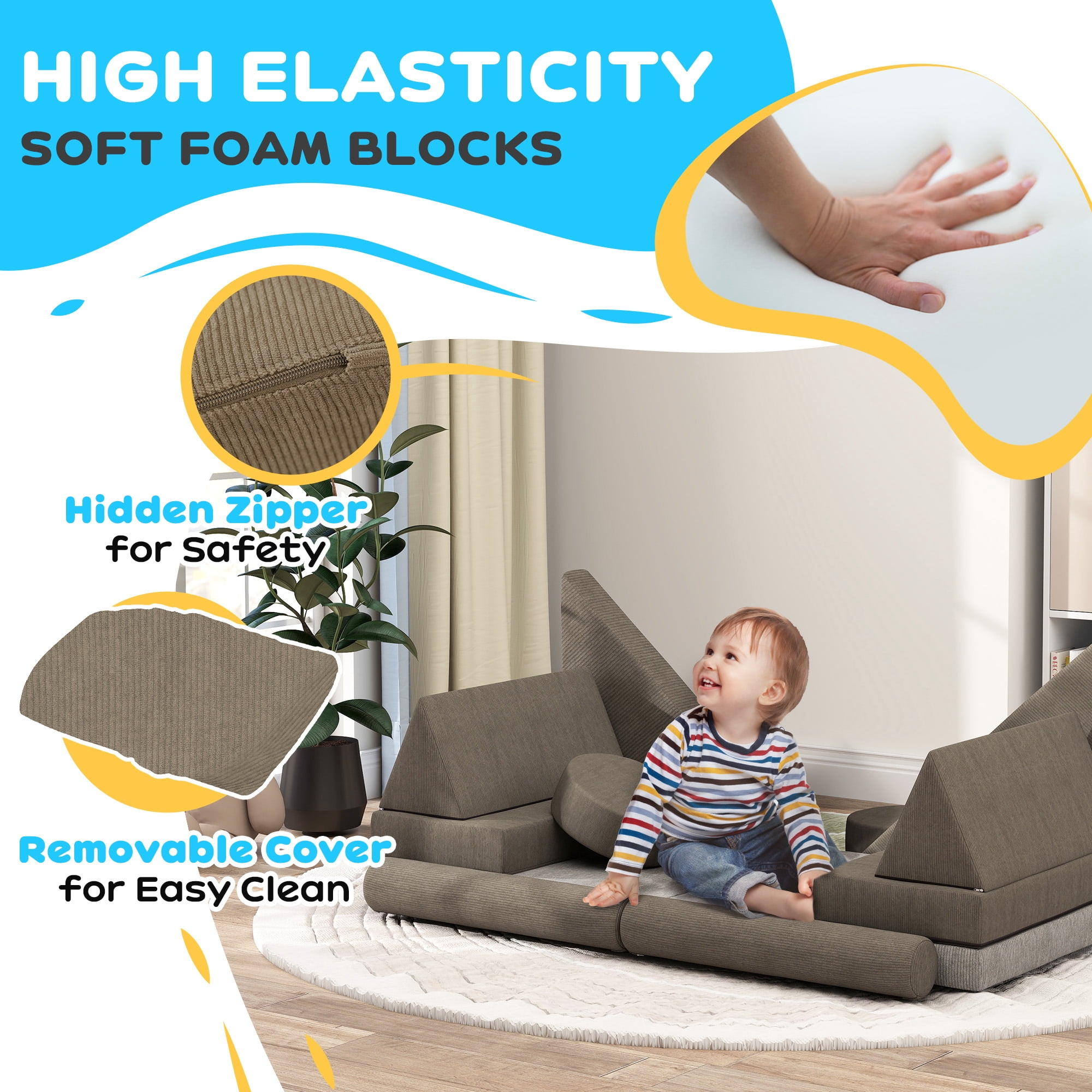 Soft Play Mat Qaba Modular Kids Play Couch, 12 Piece Kids Couch for Playroom Bedroom, Convertible Sofa Lounger for Boys & Girls, Khaki,Toddler Play Mat