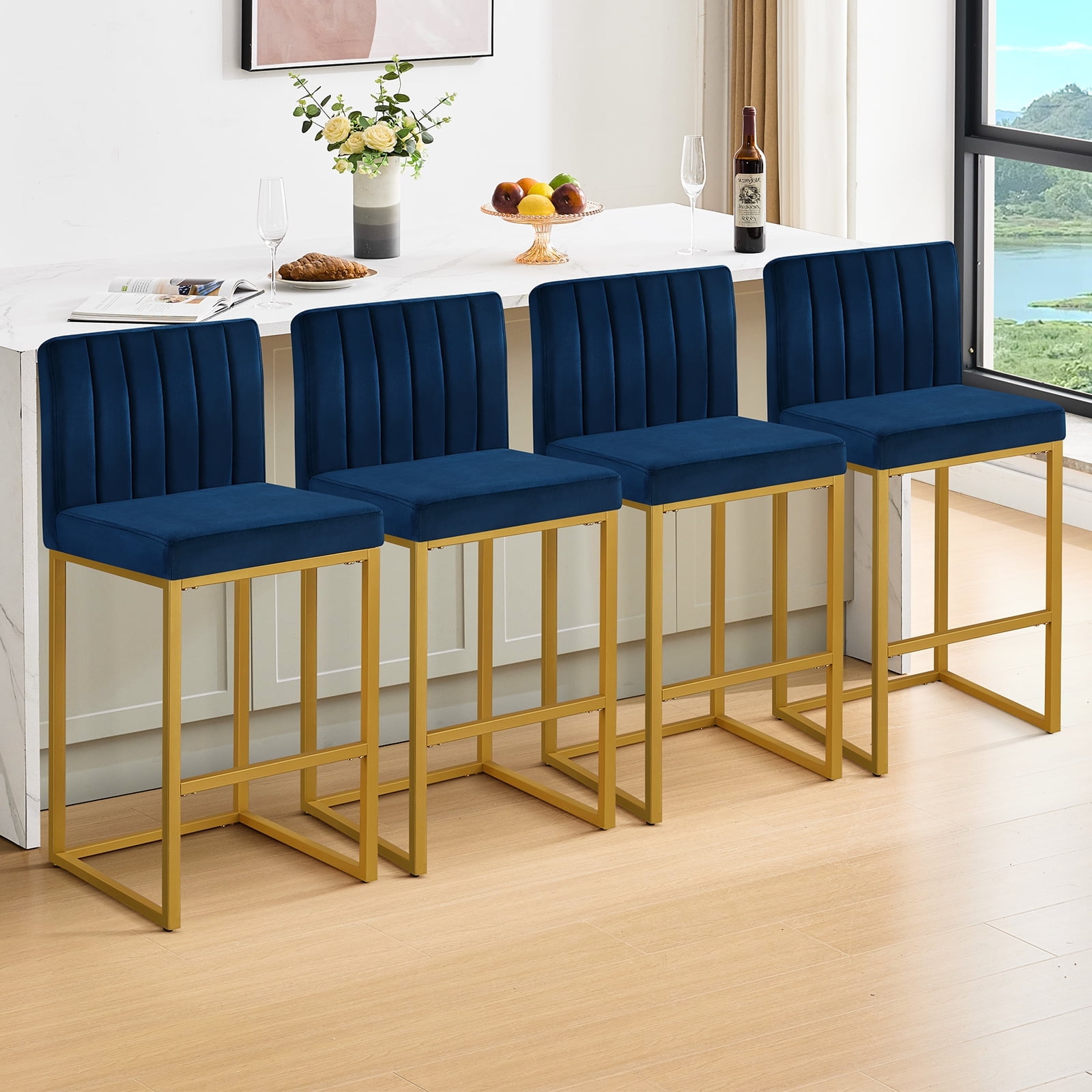 27 Inch Bar Stool, Velvet Counter Height Bar Stools, Set of 4 Bar Chairs with Back and Metal Legs, Kitchen Island Counter Stools for Pub, Dinning Room, Cafes