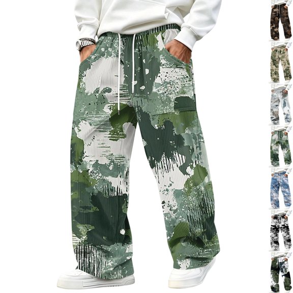 GrmtClth Pants for Men Camouflage Print Wide Leg Loose Casual Sweatpants Adjustable Drawstring Elastic Waist with Patch Pockets 5XL