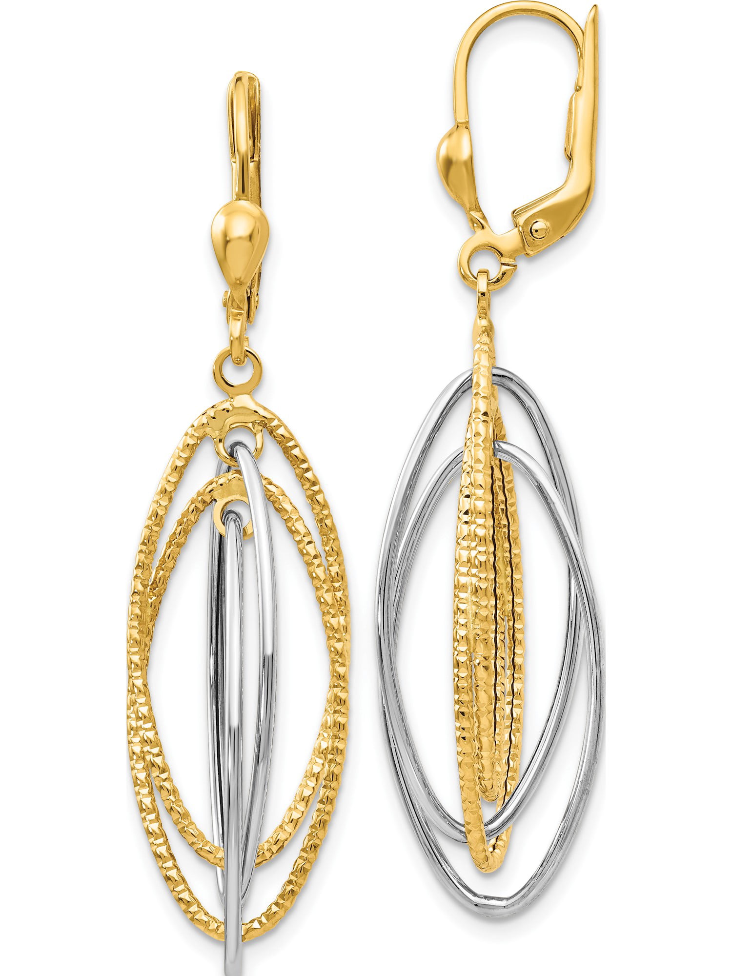 14K Two-Tone Gold Polished and Textured Dangle Leverback Earrings Approximately 41mm x 7mm