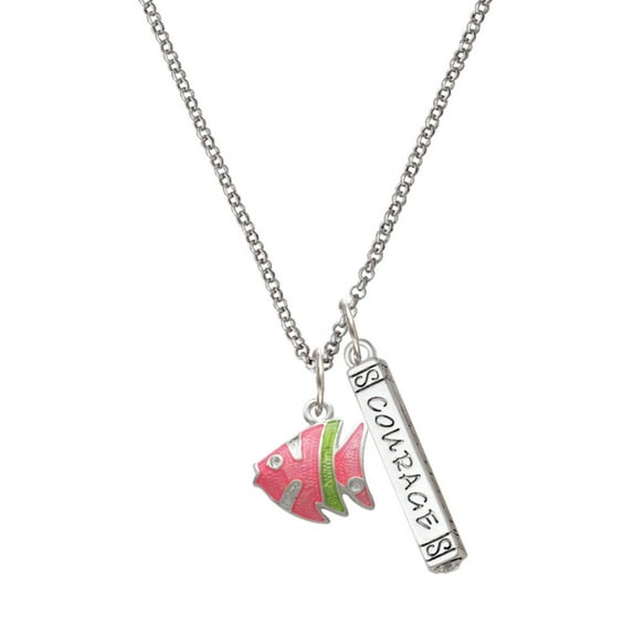 Delight Jewelry Silvertone Hot Pink Tropical Fish with Lime Green Stripe Silvertone Courage Strength Wisdom Honesty Bar Charm Necklace, 23"