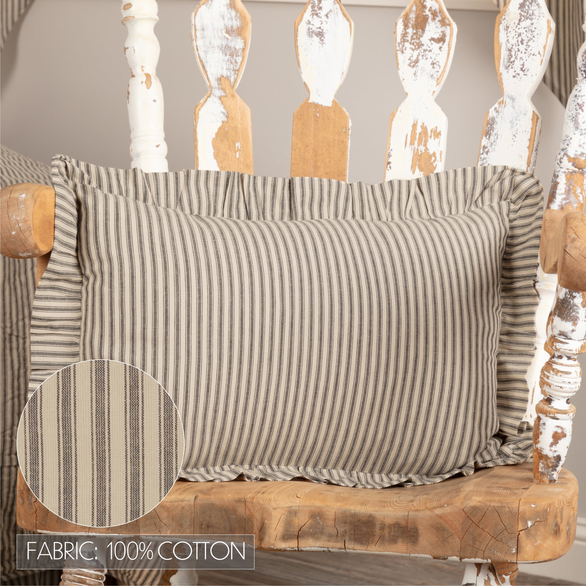 VHC Brands Sawyer Mill Throw Pillow Dark Gray and Cream Stripe Cotton Decorative Farmhouse Country Cushion with Ruffle for Sofa Couch 14x22