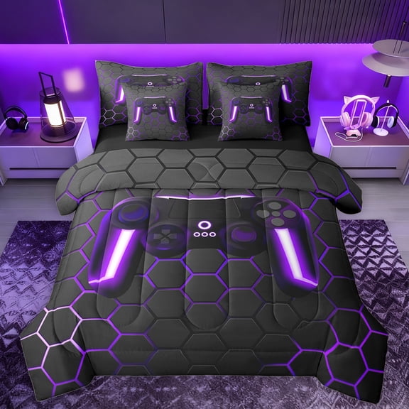 Manfei Cartoon Console 7-Piece Twin Bedding Sets,Modern Video Game Bedding Comforter Set,Purple Geometric Honeycomb Sheet Sets For Boys Teens,Super Cozy Room Decor Reversible
