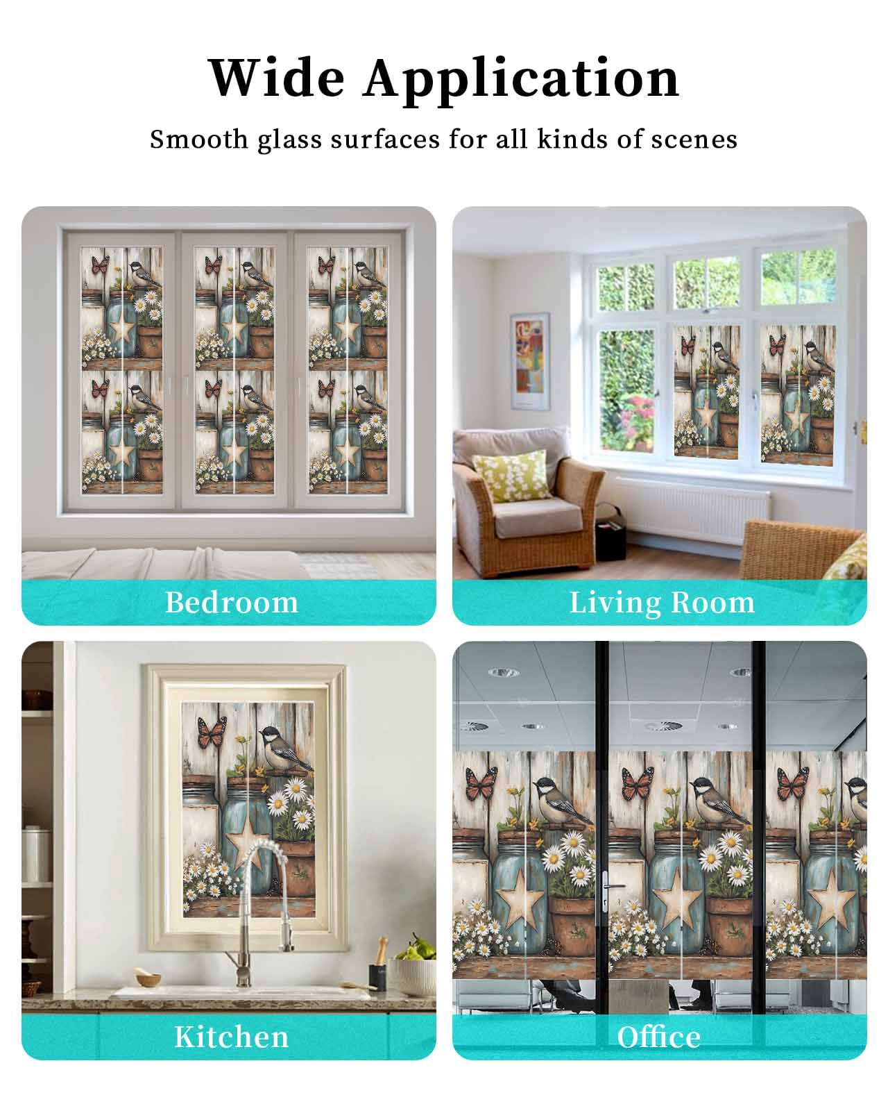 Window Privacy Film Country Flower Stained Glass Window Film Decorative Sun Block Window Cover Retro Western Texas Star Butterfly Bird Window Clings Static Adhesive Sticker for Bathroom 17.7"x78.7"