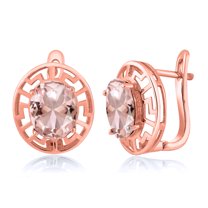 Gem Stone King 18K Rose Gold Plated Silver Peach Nano Morganite Greek Key Earrings for Women (4.64 Cttw, Gemstone October Birthstone, Oval 10X8MM)