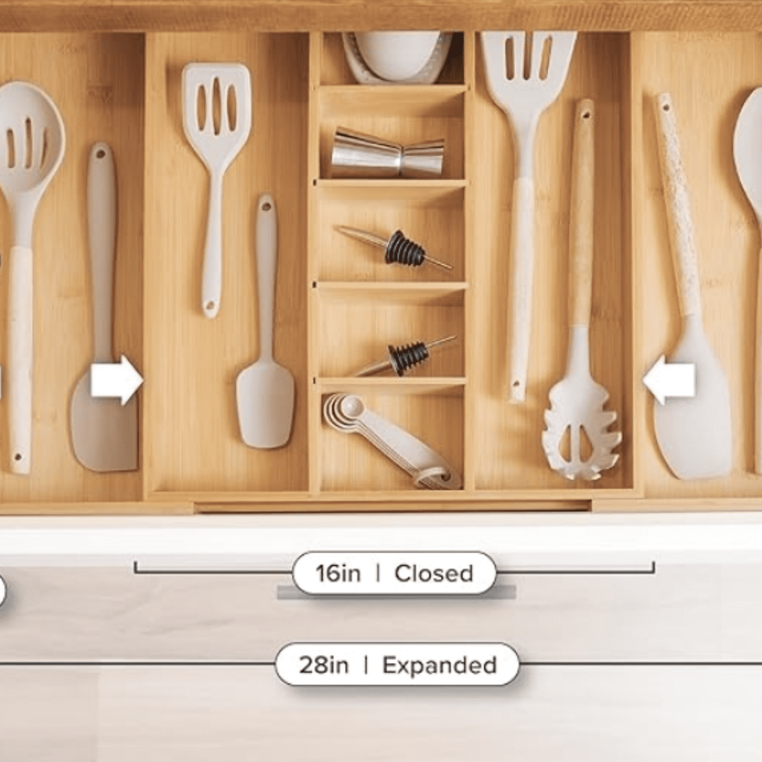 Adjustable Bamboo Kitchen Drawer Organizer for Utensils and Junk, Expandable to 28 inches Wide, 9 Compartments