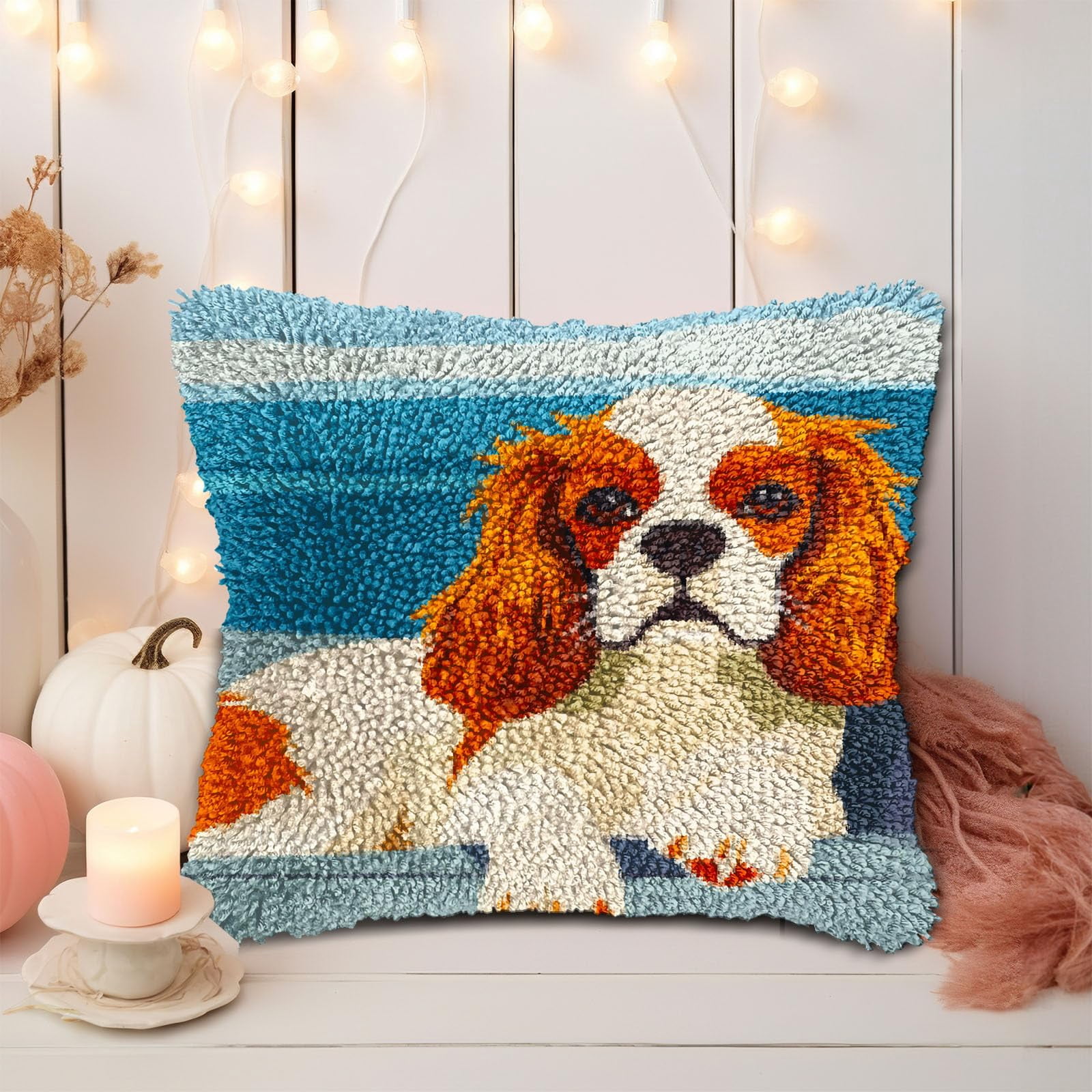 DIY Latch Hook Pillow Kits for Adults Cute Cavalier King Charles Dog Printed Pillowcase Crochet Yarns Hooking Handmade Pillow Cover Cushion for Home Sofa Decoration 17x17inch(1)