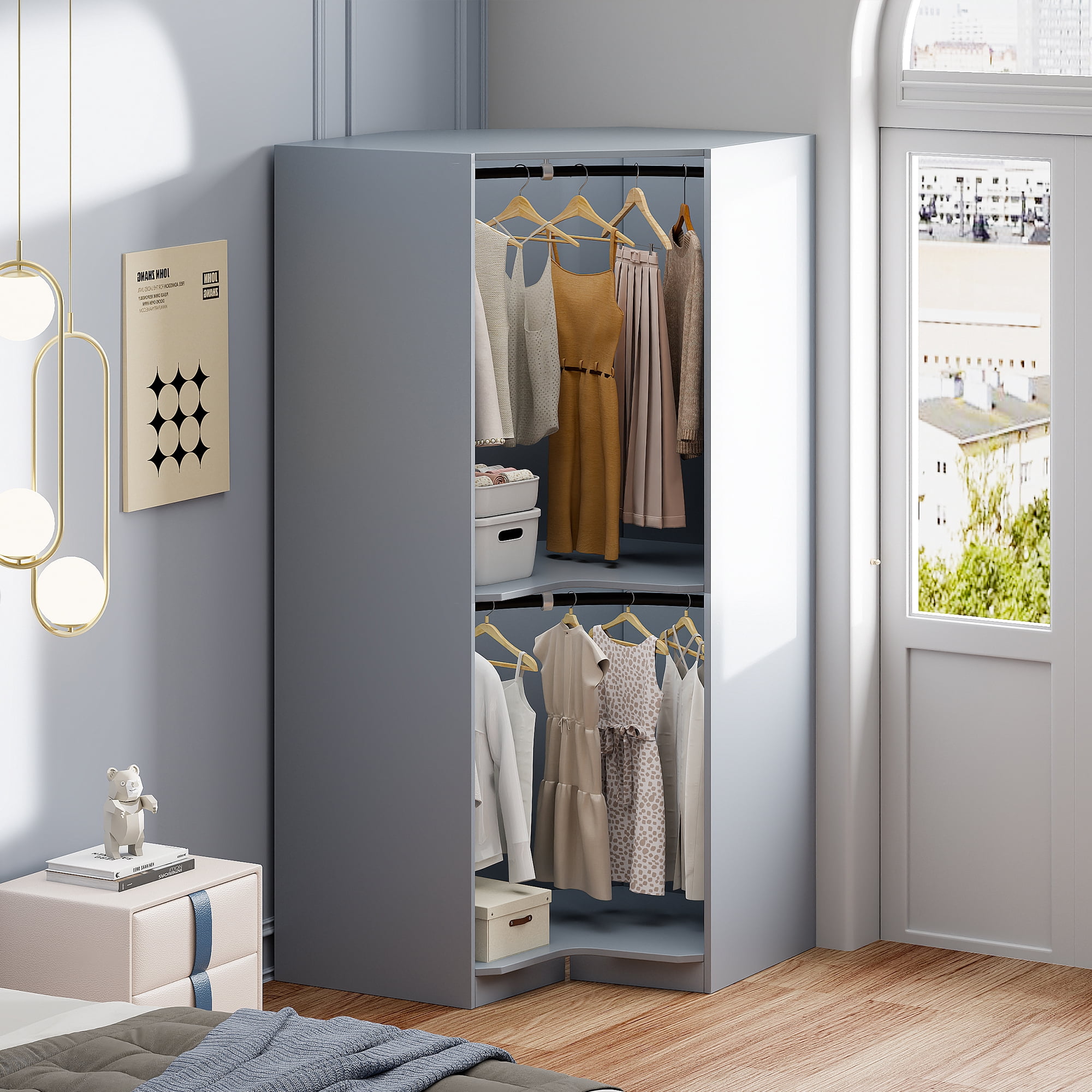 Euroco Modern Wood 63.6" Armoires, Polygon Corner Wardrobe for Kids Adults, Gray