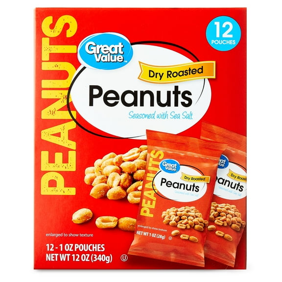 Great Value Dry Roasted Peanuts Seasoned with Sea Salt, 1 oz, 12 Count