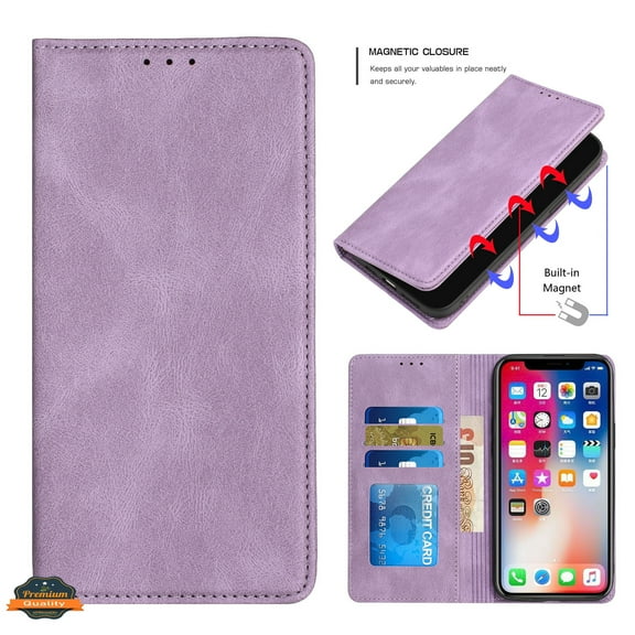 For Apple iPhone 13 Pro Max (6.7") Wallet PU Vegan Leather ID Credit Card Money Holder with Magnetic Closure Pouch Flip Cover ,Xpm Phone Case [ Purple ]