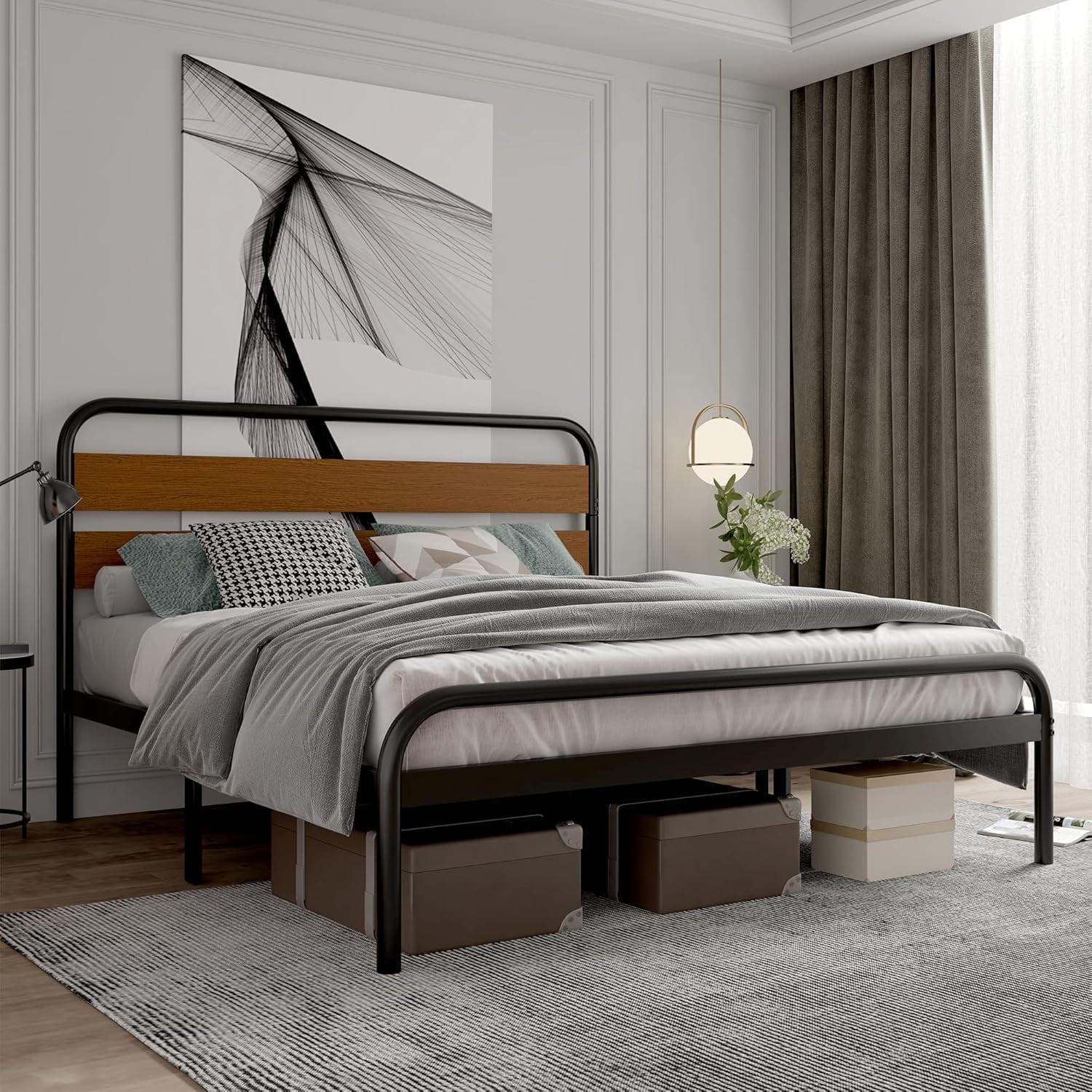 WALYWIK King Size Bed Frame, Heavy Duty Platform Frame with Wooden Headboard and Under-Bed Storage, Noise Free Design Mattress Foundation, Easy Assembly, Sandalwood Brown
