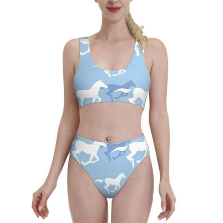 Bikini Sets For Women  Simple Cool Horse Blue And White High Waisted Bikini Sets Bathing Suit 2-Piece Drawstring Swimsuit