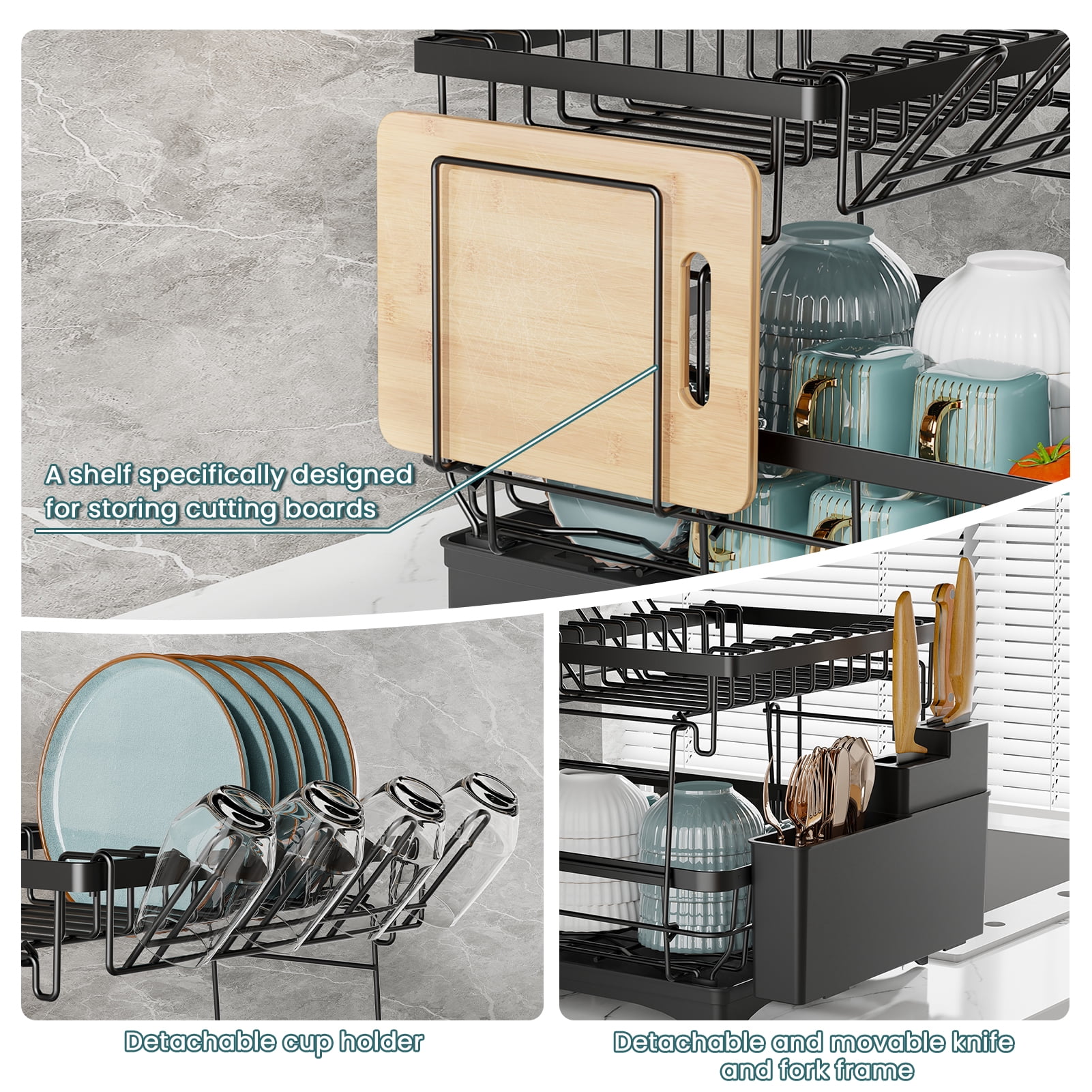 Yeabett 2 Tier Dish Drying Rack Stainless Steel,Dish Racks with Water Tray Dish Drainer for Kitchen Counter with Utensil & Cup Holder