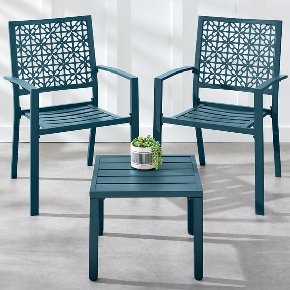 Best Choice Products 3-Piece Stackable Patio Bistro Set, Outdoor Chat Furniture w/ 2 Chairs, Table - Peacock Blue