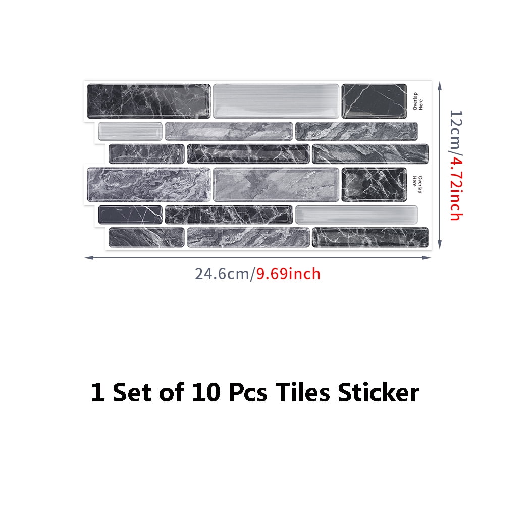 10Piece Black Gray Marbling Tiles Stickers 4.72 x 9.68inch DIY Decor 3D Wall Decals Self Adhesive Waterproof Peel and Stick Backsplash