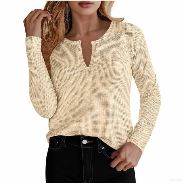 FAIWAD Chemises à Manches Longues pour Femmes Col en V Cranté Basique Chandail Décontracté Tendance