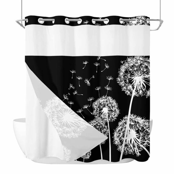 No Hook White Dandelion Shower Curtain with Snap in Liner Set, Spring Flowers Botanical Vintage Black Waterproof Fabric Bathroom Curtains with See Through Top Window, Hotel Style Modern 66 x 72 Inch